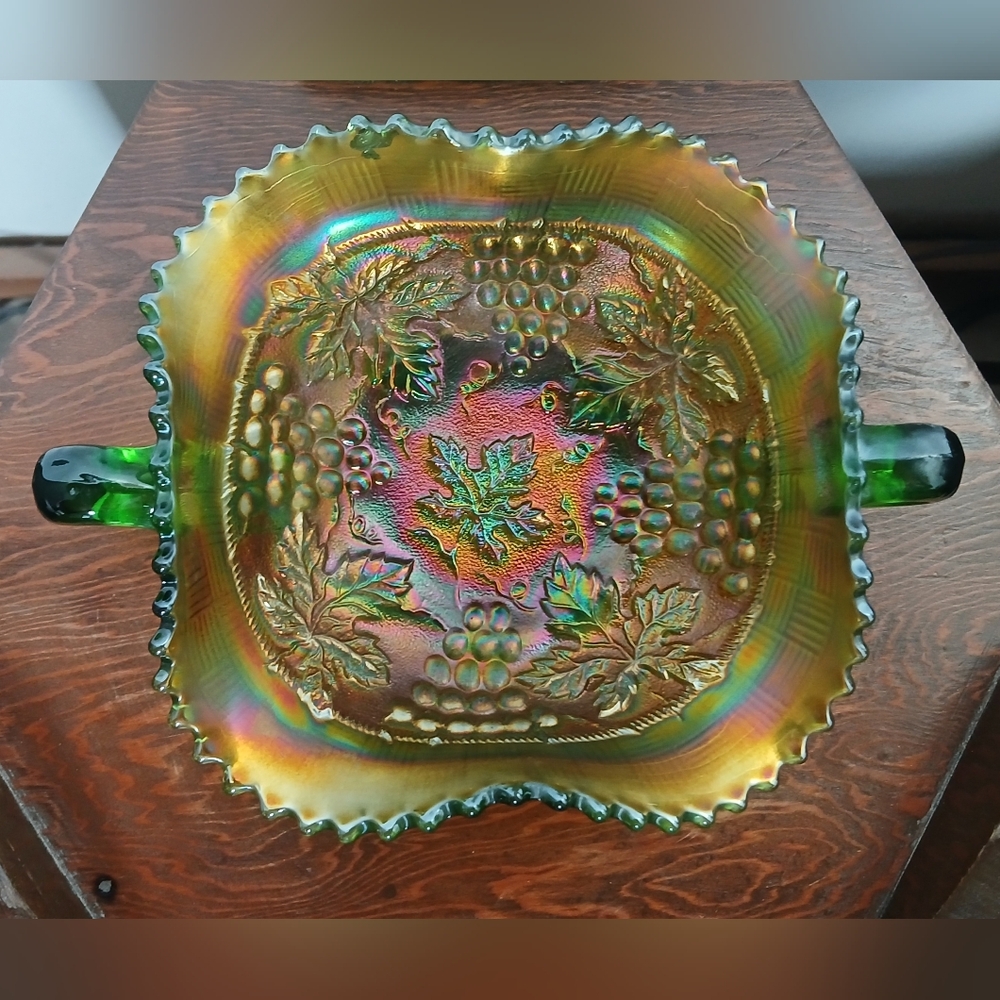 Antique Northwood Green Grape & Cable Iridescent Carnival Glass Bon Bon Bowl